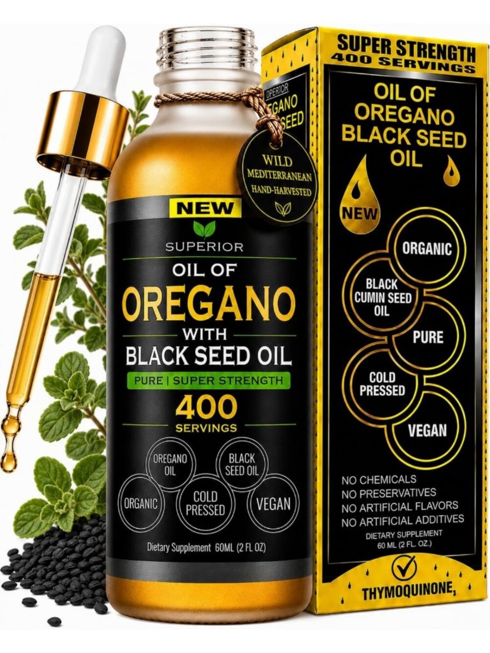 Oil of Oregano & Black Seed Oil Drops - Immune Support, 400 Servings